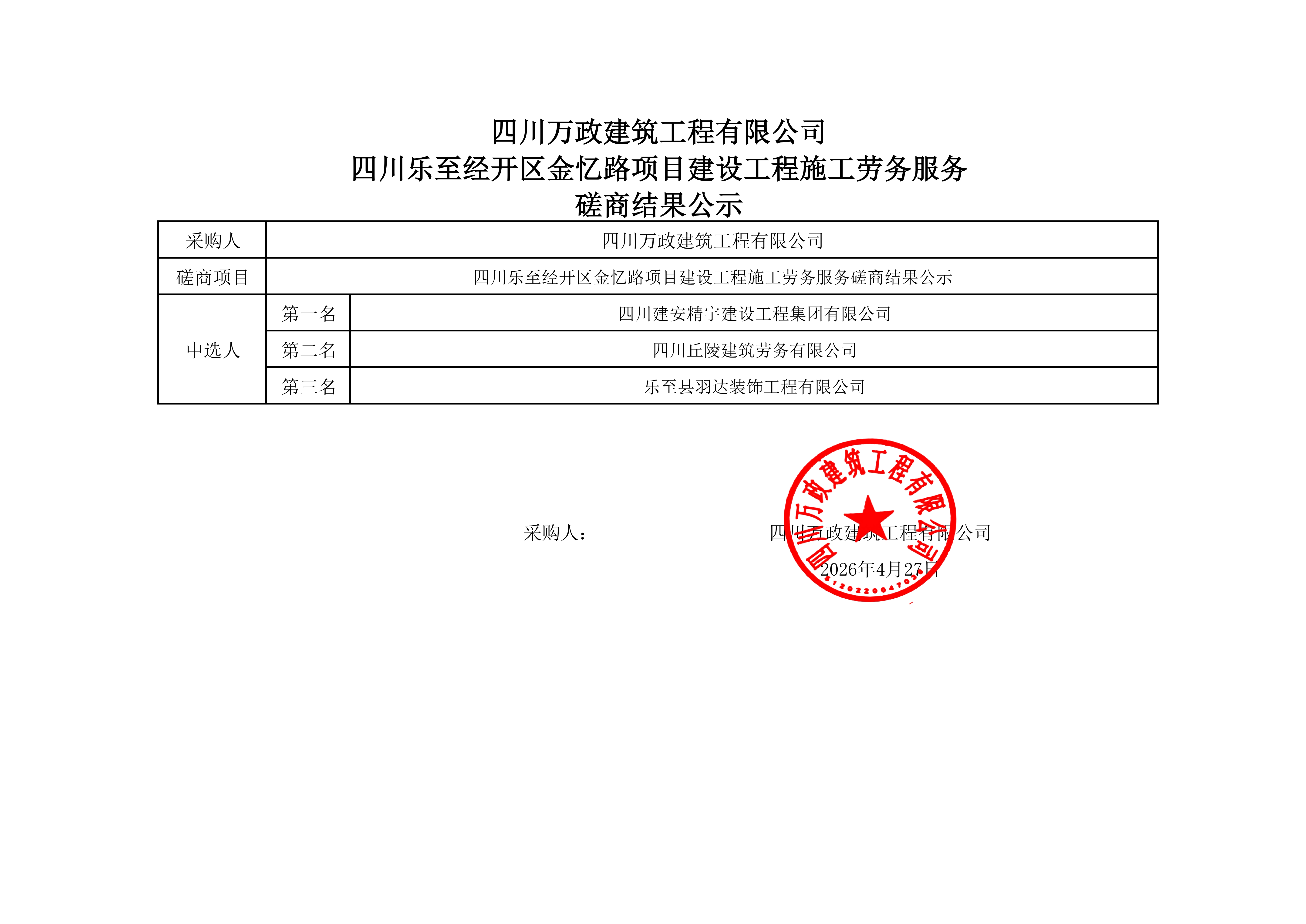 磋商结果公示劳务